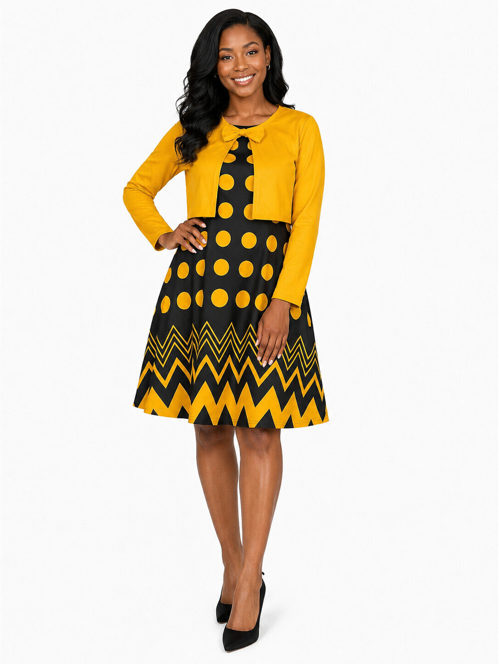 Yellow & Black Polka Dot Dress Set Sleeveless Dress with Long Sleeve Cover Sz XL